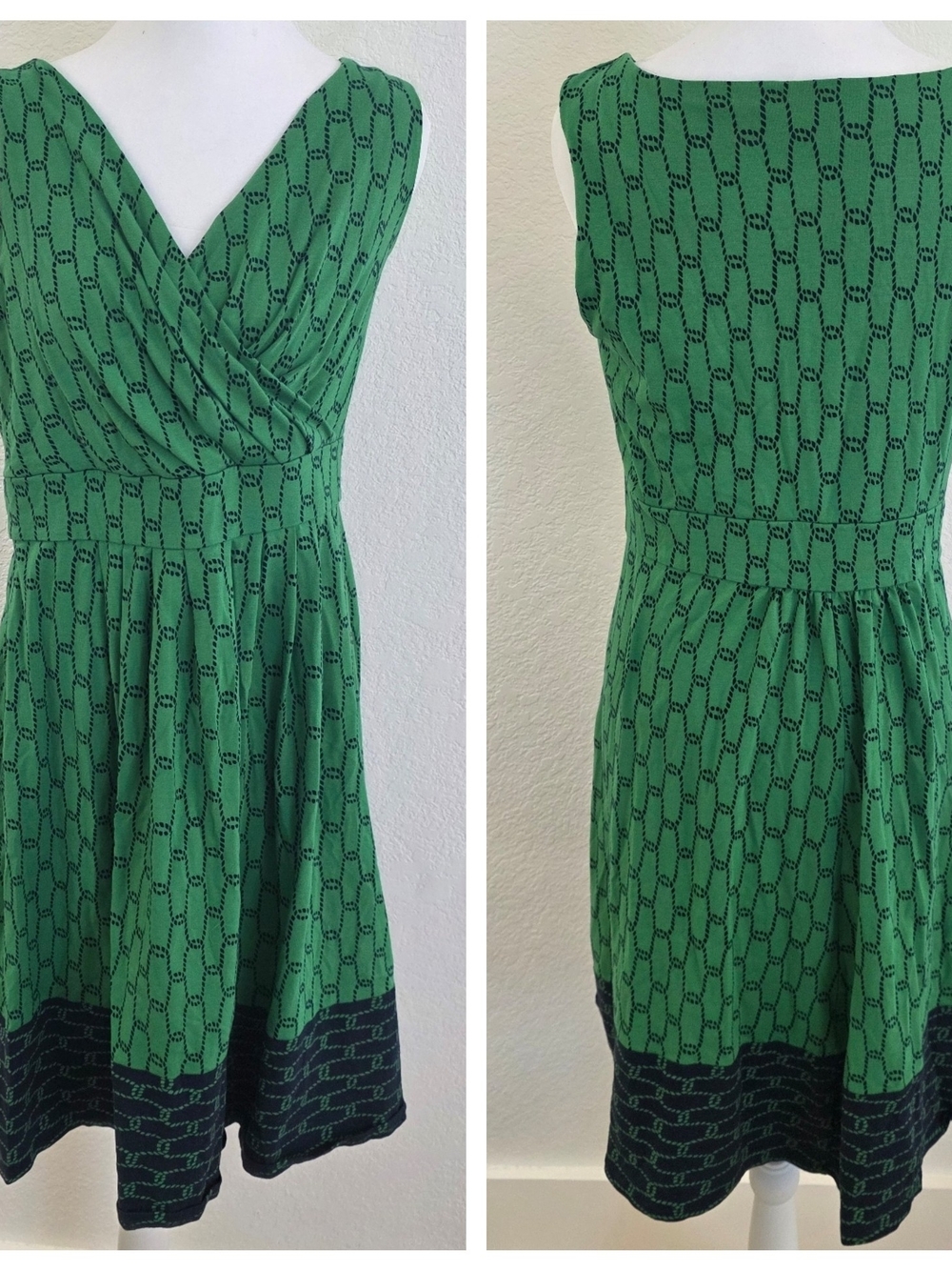 Lands' End Green Sleeveless V‑Neck Fit & Flare Dress with Black Chain Border